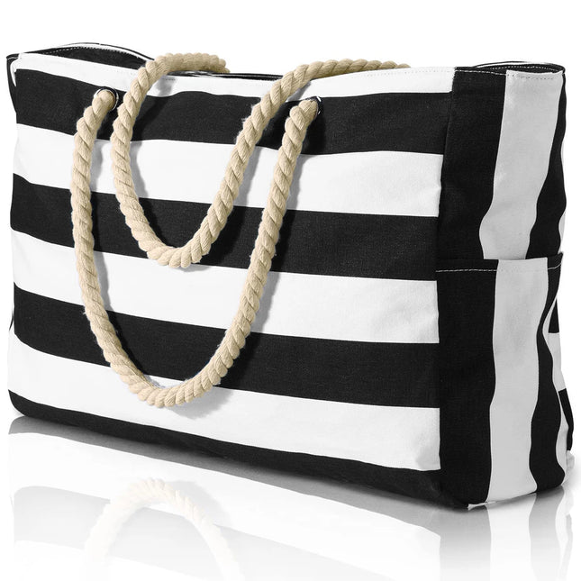 Striped zip-up outdoor travel and vacation bag, waterproof and sand-resistant canvas, convenient foldable beach bag-zmt