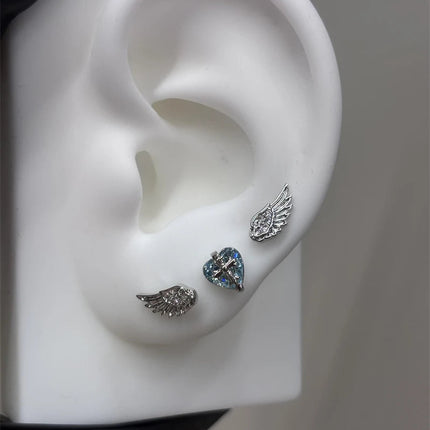New Fashion Love Wings Cross Acciaio inossidabile Osso dell'orecchio Chiodo Zircone lucido Orecchino con filo alla moda per le donne Accessorio per piercing al corpo platinumshop