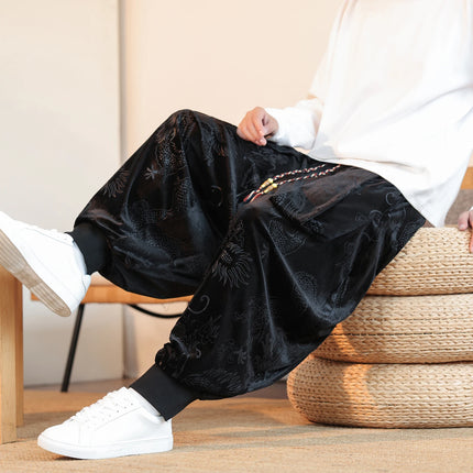 Pantaloni da uomo stile cinese retrò allentato drago scuro stampa pantaloni a gamba larga Kung Fu Tai Chi pantaloni casual tradizionali taglie forti 5XL
