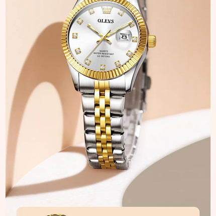 OLEVS 3705 Orologio da donna 30M Orologio al quarzo con data impermeabile per donna Orologio da donna di lusso con scala di diamanti a specchio ad alta durezza platinumshop