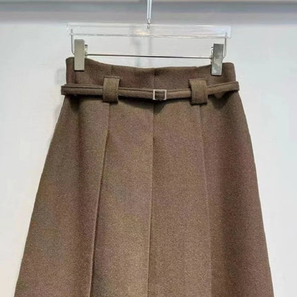 New Arrival Long Skirts 2025 Winter Fashion Women Belt Patchwork Casual Party Long Maxi Khaki Grey Black Wool Pleated Skirts PlatiNum