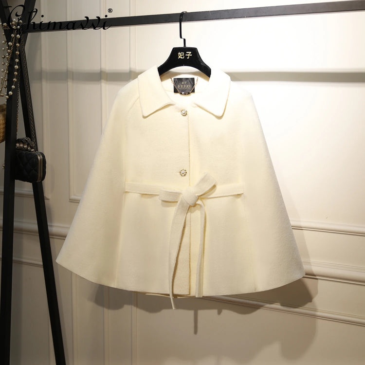 French Elegant temperament Wool Jacket Lapel Sleeveless Single-Breasted Lace-up Bow Casual Short Capes Women Autumn Cloak Coat