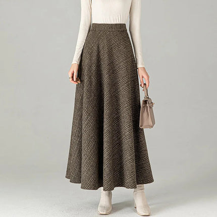 New Women Woolen Plaid Skirt Autumn Winter Fashion Elastic High Waist A-Line Wool Blended Long Skirt Simplicity Vintage Skirt PlatiNum