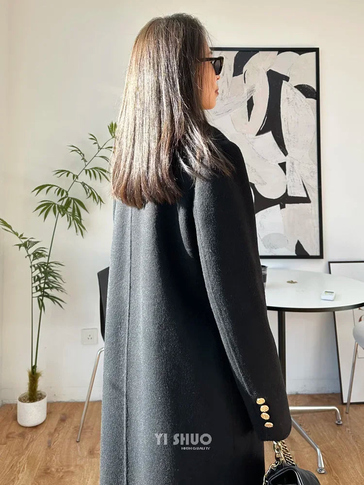 High-end Thick Double-sided Wool Coat Female Fashion Long  Autumn Winter Lapel Double Breasted Wool Coat Women Loose Outerwear