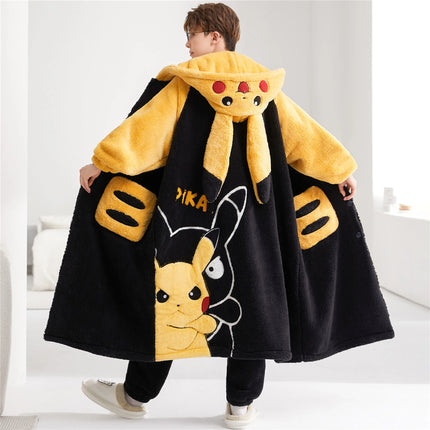 Kawaii Pokemon Pikachu Print Men's Fleece Pajama Set Hooded Robe + Pants Super Soft Winter Loungewear Cute Anime Sleepwear New