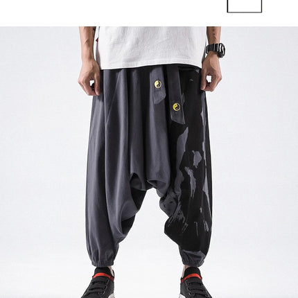 Pantaloni alla moda da uomo Samurai giapponese Ukiyo-e Cintura con stampa Pantaloni stile harem da uomo in cotone e lino Casual Oversize Harajuku Pantaloni a gamba larga da uomo