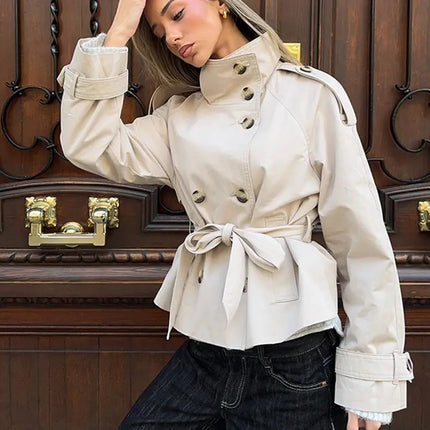 2026 Spring Women's Solid Lace Up Trench Coat Stand Collar Double Breasted Jacket Stylish New Lady Long Sleeve Outerwear Street