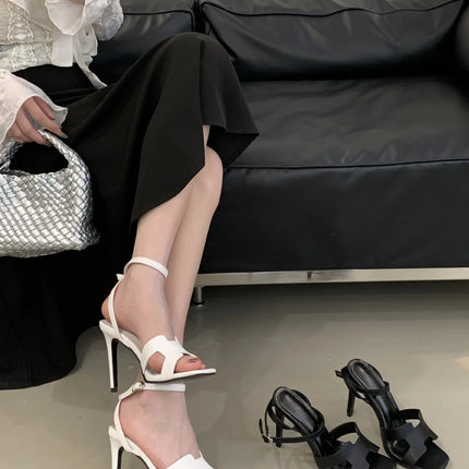 Alionly 2026 New Summer Fashion Open Toe Sandals Women Metal Buckle Narrow Band Thin Low Heel Gladiator Party Shoes