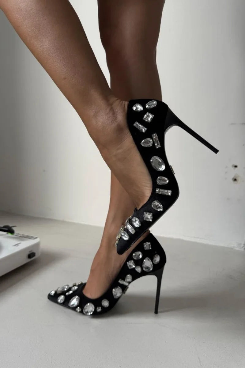 Autumn new pointed toe shallow silk rhinestone single shoes banquet dress large size thin heel high heel customized women's shoe