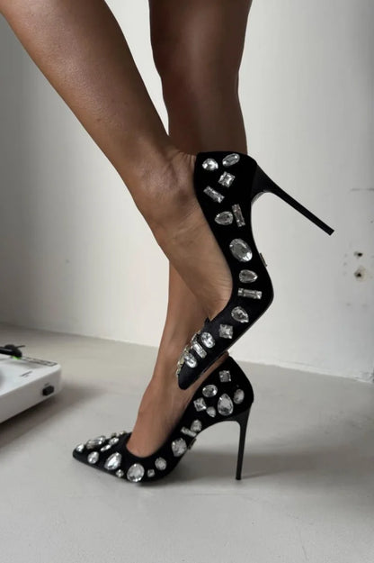 Autumn new pointed toe shallow silk rhinestone single shoes banquet dress large size thin heel high heel customized women's shoe