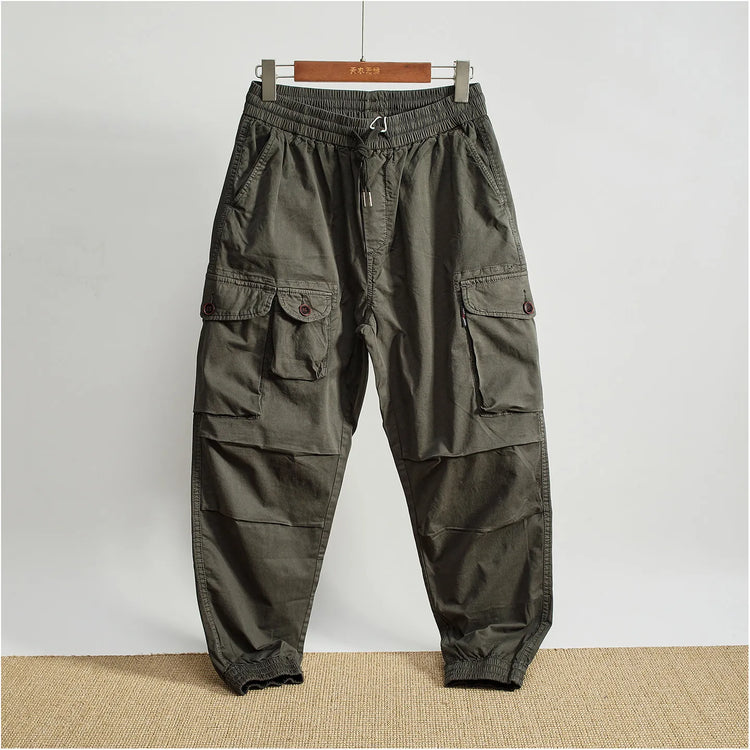 Men Elastic Drawstring Waist Jogger Cargo Pants Multi Button Pockets Vintage Washed Tapered Ankle Cuff Casual Street Trousers