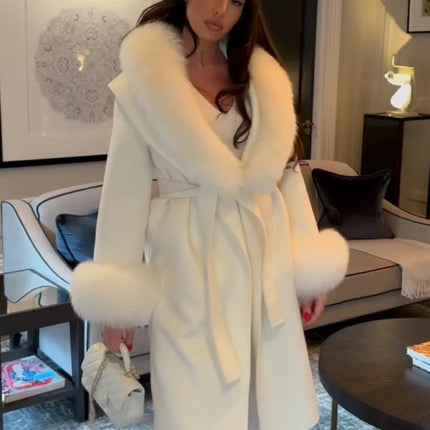 Women's Solid Color Lace Up Fur Collar Woolen Overcoat Bathrobe Style Long Loose Coat Advanced Atmosphere Autumn Winter Overwear
