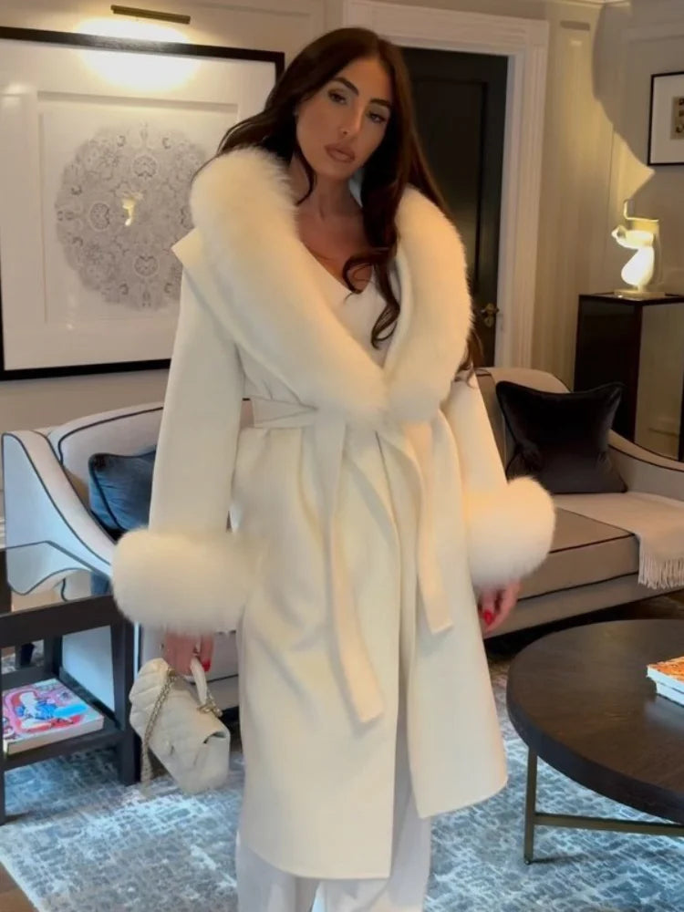 Women's Solid Color Lace Up Fur Collar Woolen Overcoat Bathrobe Style Long Loose Coat Advanced Atmosphere Autumn Winter Overwear