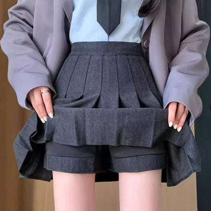 Autumn Winter Woolen Pleated Skirts Women New Korean High Waist Slimming Mini Skirt Ladies Preppy Style Side Zipper A-Line Skirt PlatiNum
