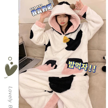 Women Onesie Kigurumis Cow Pajamas Adult Female Winter Sleepwear Zipper Hooded  Jumpsuits Thick Soft Warm Fleece Pijama Mujer