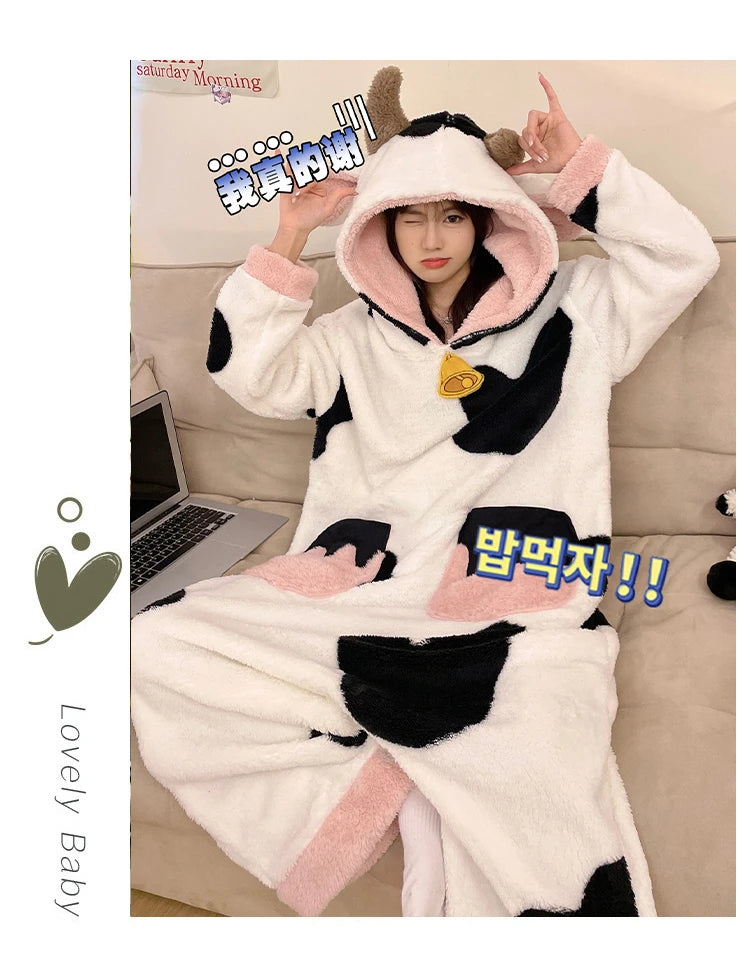 Women Onesie Kigurumis Cow Pajamas Adult Female Winter Sleepwear Zipper Hooded  Jumpsuits Thick Soft Warm Fleece Pijama Mujer