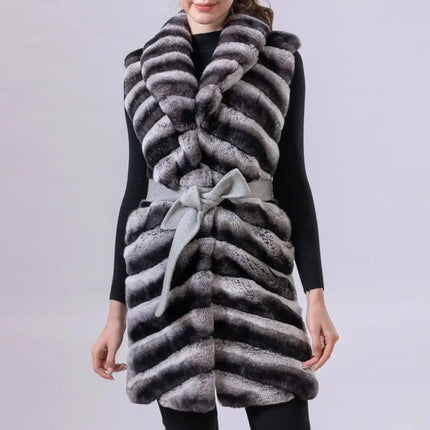 Women's Real Natural Rex Rabbit Fur long vest Chinchilla Color Waistcoat Furry Winter Warm Fluffy Vest Korean Length 90cm 240519