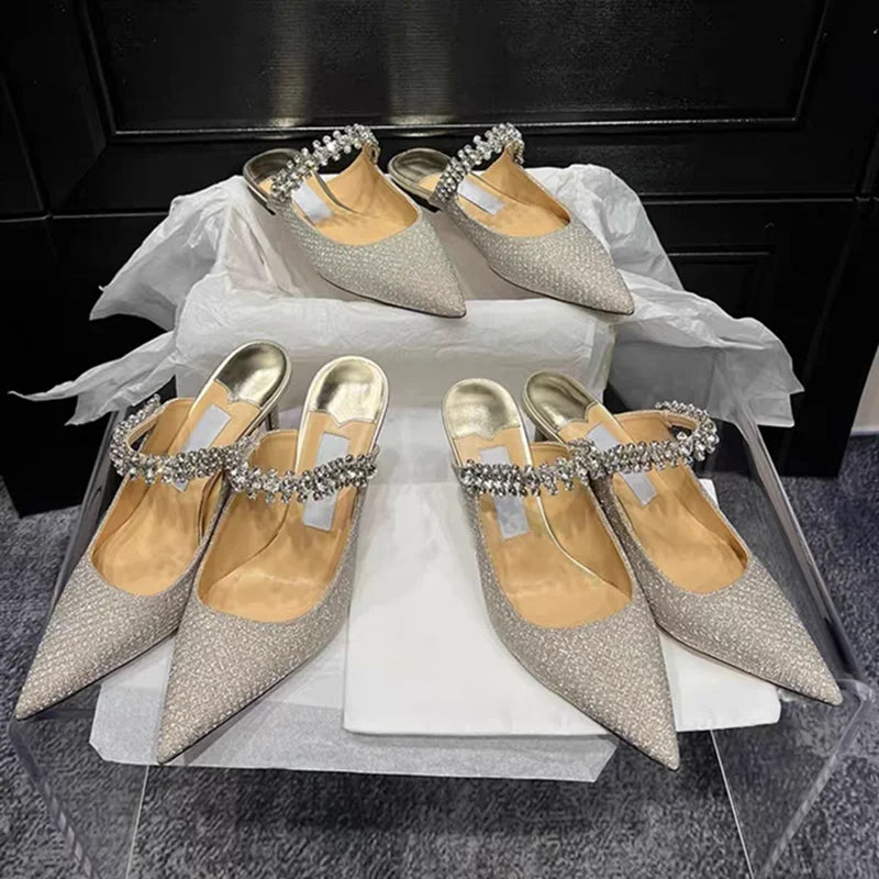 European and American Women Slippers 2025 Summer New Rhinestone High Heels Pointed Temperament Muller Shoes