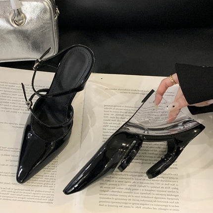 Liyke New Fashion Transparent Wedge Slippers Women Pumps Patent Leather Pointed Toe Buckle Strap Designer High Heels Mules Shoes PlatiNum