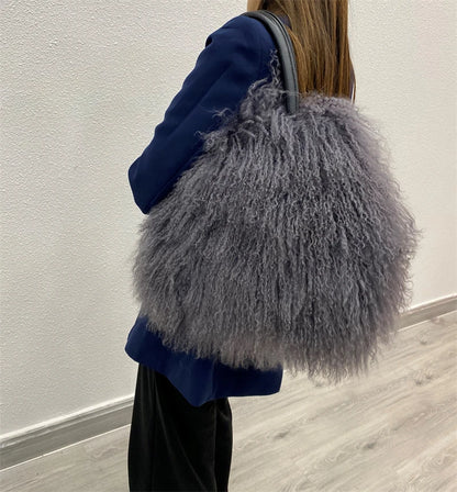 Factory Wholesale New Fashion Design Luxury Real Mongolian Lamb Fur Bag Sheep Fur Shoulder Bag