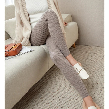 100% Merino Wool Striped Leggings Women's Winter Warm Knitted Tights Solid Color Women's Trousers PlatiNum