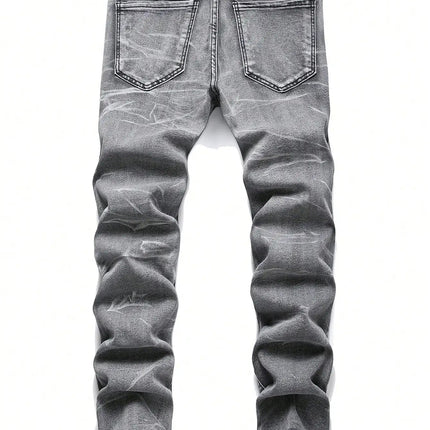 Men‘s Stretchy Denim Jeans Streetwear Tearing Patchwork Holes Ripped Denim Elastic Waist Casual Pants Slim fit Straight Trousers PlatiNum