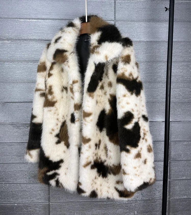 ZADORIN 2026 Chic Mid Long Cow Pattern Fluffy Faux Fur Coat Woman Lapel Loose Winter Fur Coats Woman Furry Jacket Fur Faux Coat