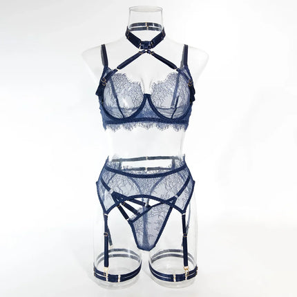Sexy Lingerie Lace Women's Intimates Sets Sheer See Through Push Up Bra with Garter Belt Fancy Luxury Underwear Erotic Outfits