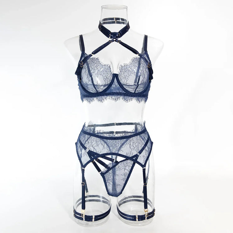 Sexy Lingerie Lace Women's Intimates Sets Sheer See Through Push Up Bra with Garter Belt Fancy Luxury Underwear Erotic Outfits