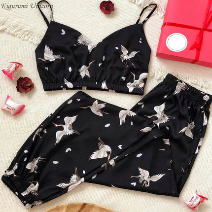 Pigiama da donna in raso di seta Set scollo a v senza maniche Top Sleepwear indumenti da notte pigiama con stampa lavanda Sexy abbigliamento per la casa abbigliamento da casa