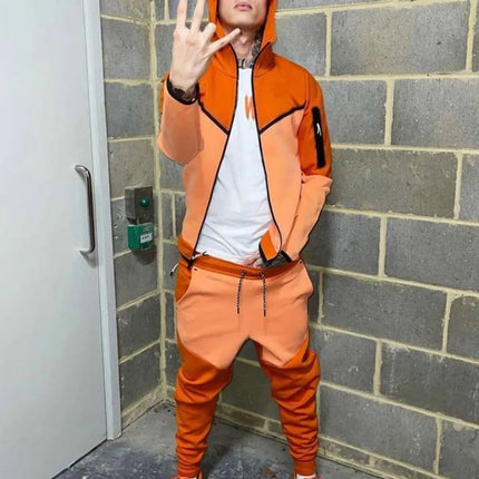 Spring and Autumn New Men's Set Western Style Outdoor Sports Casual Men's Clothing Long Sleeve Hooded Jacket Pants Suit PlatiNum