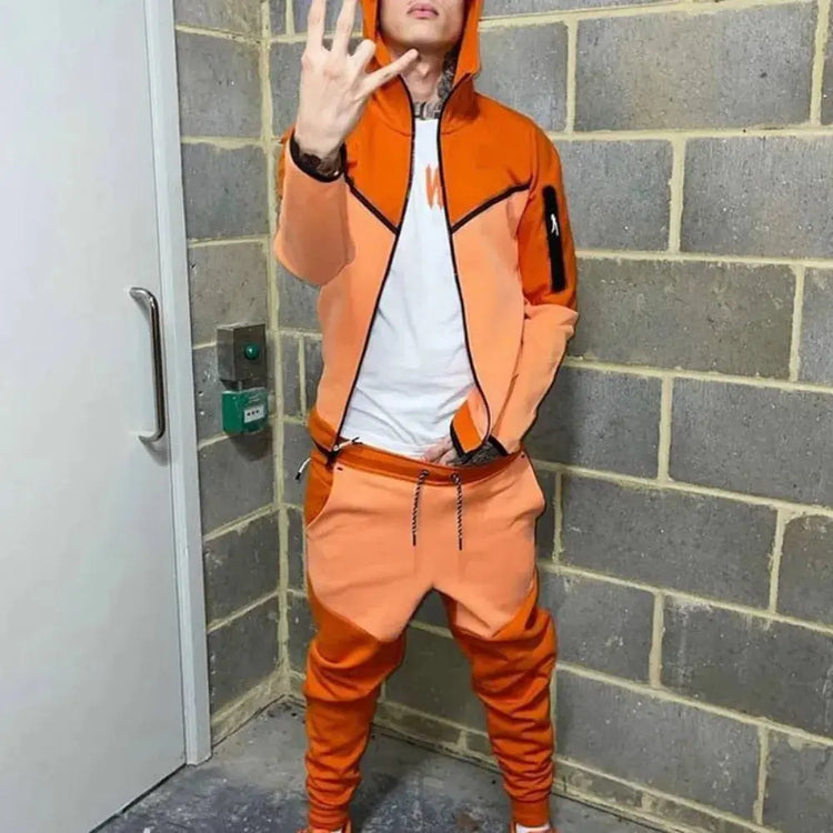 Spring and Autumn New Men's Set Western Style Outdoor Sports Casual Men's Clothing Long Sleeve Hooded Jacket Pants Suit PlatiNum