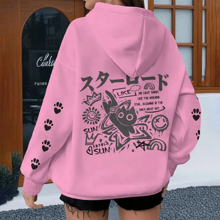 Japanese Style Cat Print Hoodies Women Men Harajuku Animal Streetwear Vintage Kitten Design Y2K Sudaderas