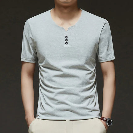 2025 New Men's Business Casual Three Button V-neck Short Sleeved T-shirt Korean Style Summer Comfortable Versatile Top PlatiNum