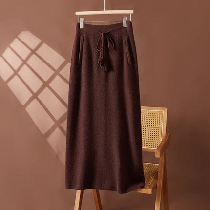 Women's 100% Cashmere Elastic Waist Mid-Length Midi Skirt Autumn Winter Casual Versatile Knitwear Bottoms Casual Fashion Skirt PlatiNum