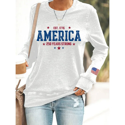 ilstile Women's America 250 Years Print Hoodies Autumn Outdoor Long Sleeve Casual Loose Round Neck Sports Sweatshirts Hot Sale