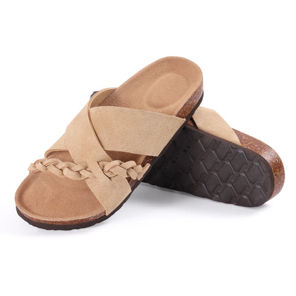 Eyriphy New Women Open Toe Leopard Slides With Adjustable Buckle Classic Flat Sandals Casual Cork Footbed Women's Slippers