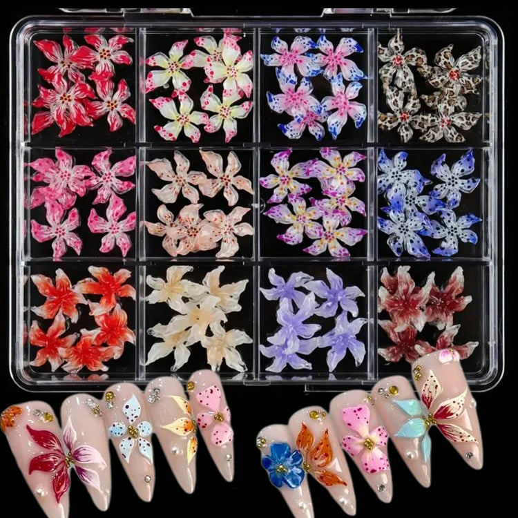 12Grids/Box Mixed Resin Bowknot Nail Charms 3D Colorful Bow Kawaii Rhinestone Nail Art Decorations DIY Manicure Parts Pen Tweeze