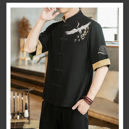Camicie da uomo con gru ricamate Kungfu Tai Chi Casual manica corta nuovo stile cinese colletto alla coreana Cardigan in lino Tang Suit uomo Top