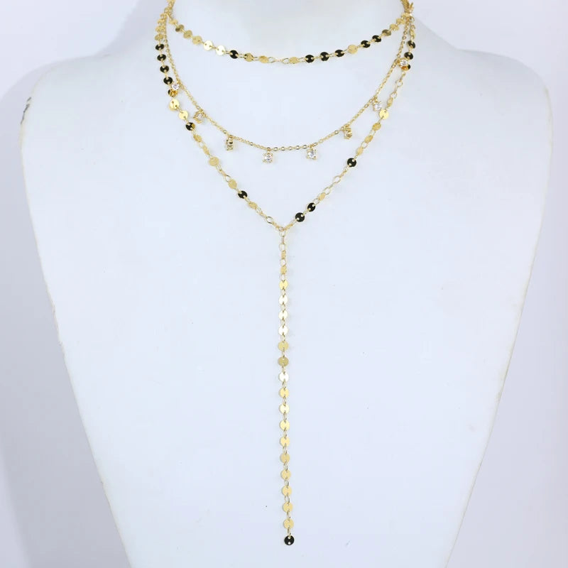 2025 Nuova collana lunga per le donne Y Lariat a forma di disco girocollo sexy multistrato con paillettes catena nappa bling cz pendente collana