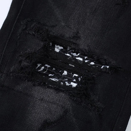 Designer street fashion men's jeans washed, elastic, slim fit, perforated, cashew flower patch, black denim high street pants, h PlatiNum