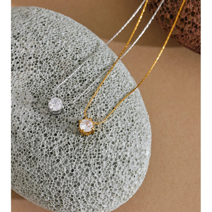 Yhpup Korean Chic Stainless Steel Shiny Cubic Zirconia Cast Delicate Necklace Pendant for Women Daily Waterproof Basic Jewelry PlatiNum