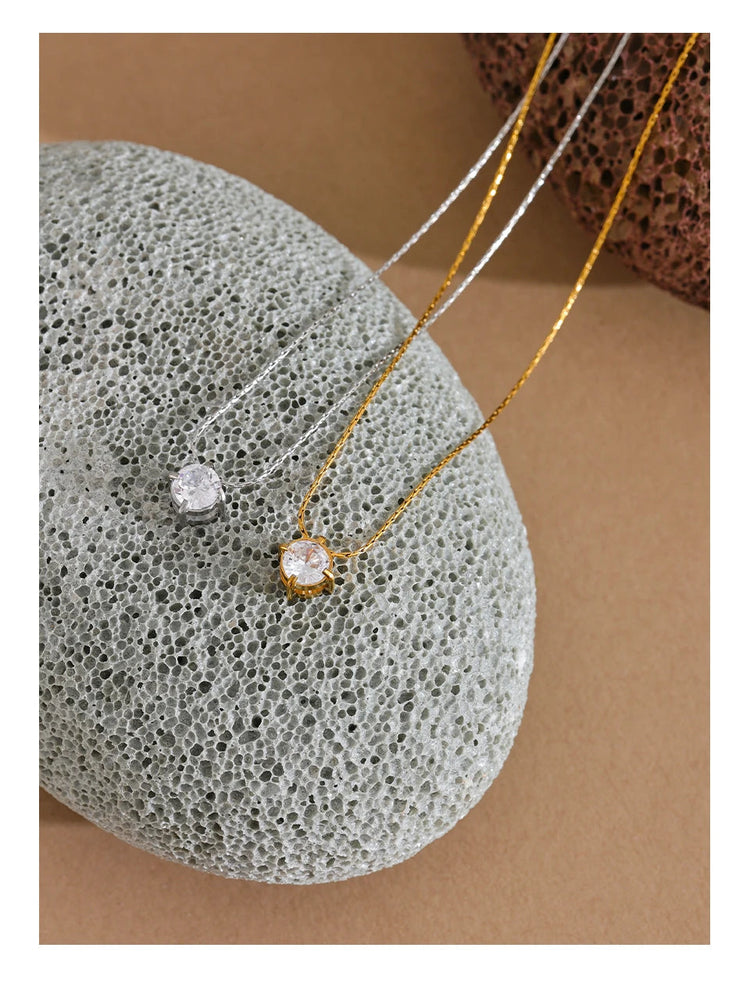 Yhpup Korean Chic Stainless Steel Shiny Cubic Zirconia Cast Delicate Necklace Pendant for Women Daily Waterproof Basic Jewelry PlatiNum
