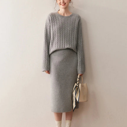 Women's 100% Cashmere Fashionable Lady's Midi Skirt Autumn Winter Elastic Waist Versatile Long Skirt Comfortable Knitwear Bottom PlatiNum