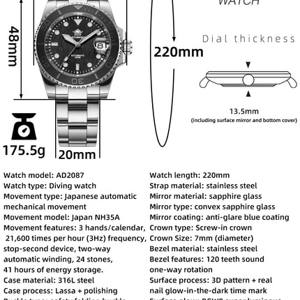 ADDIESDIVE AD2087 Men Watch Waterproof 20Bar Driver Sapphire Glass BGW9 Luminous Reloj Hombre NH35 Automatic Mechanical Watch