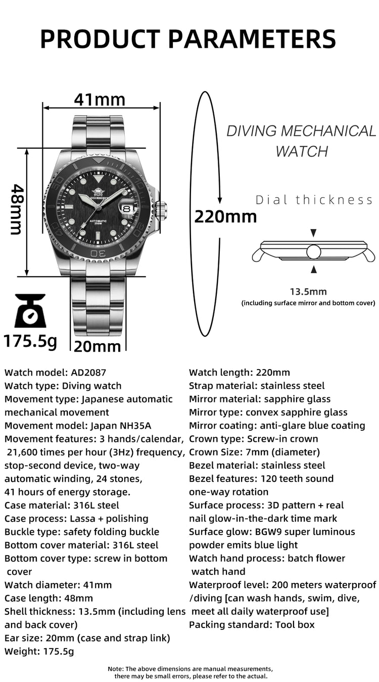 ADDIESDIVE AD2087 Men Watch Waterproof 20Bar Driver Sapphire Glass BGW9 Luminous Reloj Hombre NH35 Automatic Mechanical Watch