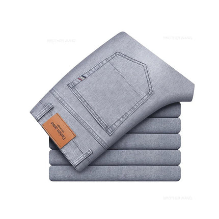 Summer Thin Men's Elastic Cotton Jeans Fashion Gray Comfortable Business Straight Casual Pants Brand Male Clothes Trousers PlatiNum