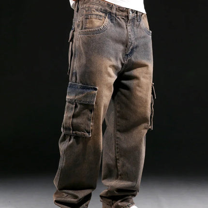 Wide Leg Pant Distressed Cargo Jean Men Jeans Washed Denim Patchwork Solid Full Length Pants Loose Pockets High Street 2025 PlatiNum