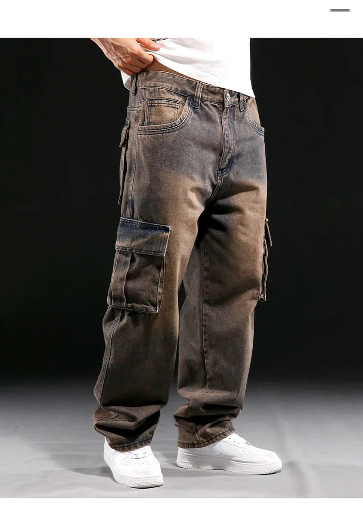 Wide Leg Pant Distressed Cargo Jean Men Jeans Washed Denim Patchwork Solid Full Length Pants Loose Pockets High Street 2025 PlatiNum