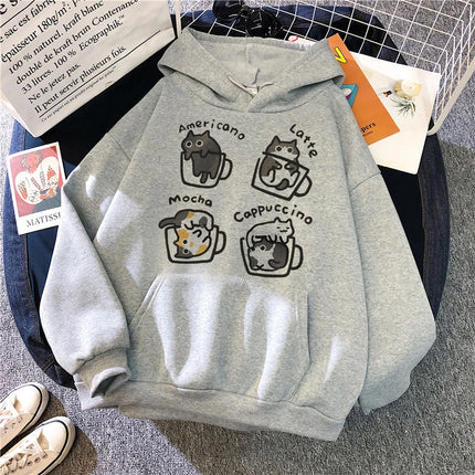 Aesthetic Y2k 90s Hoodies Funny Cute Cat Sweatshirt for Women Harajuku Graphic Pullovers 2000s Ulzzang Gothic Streetwear Female